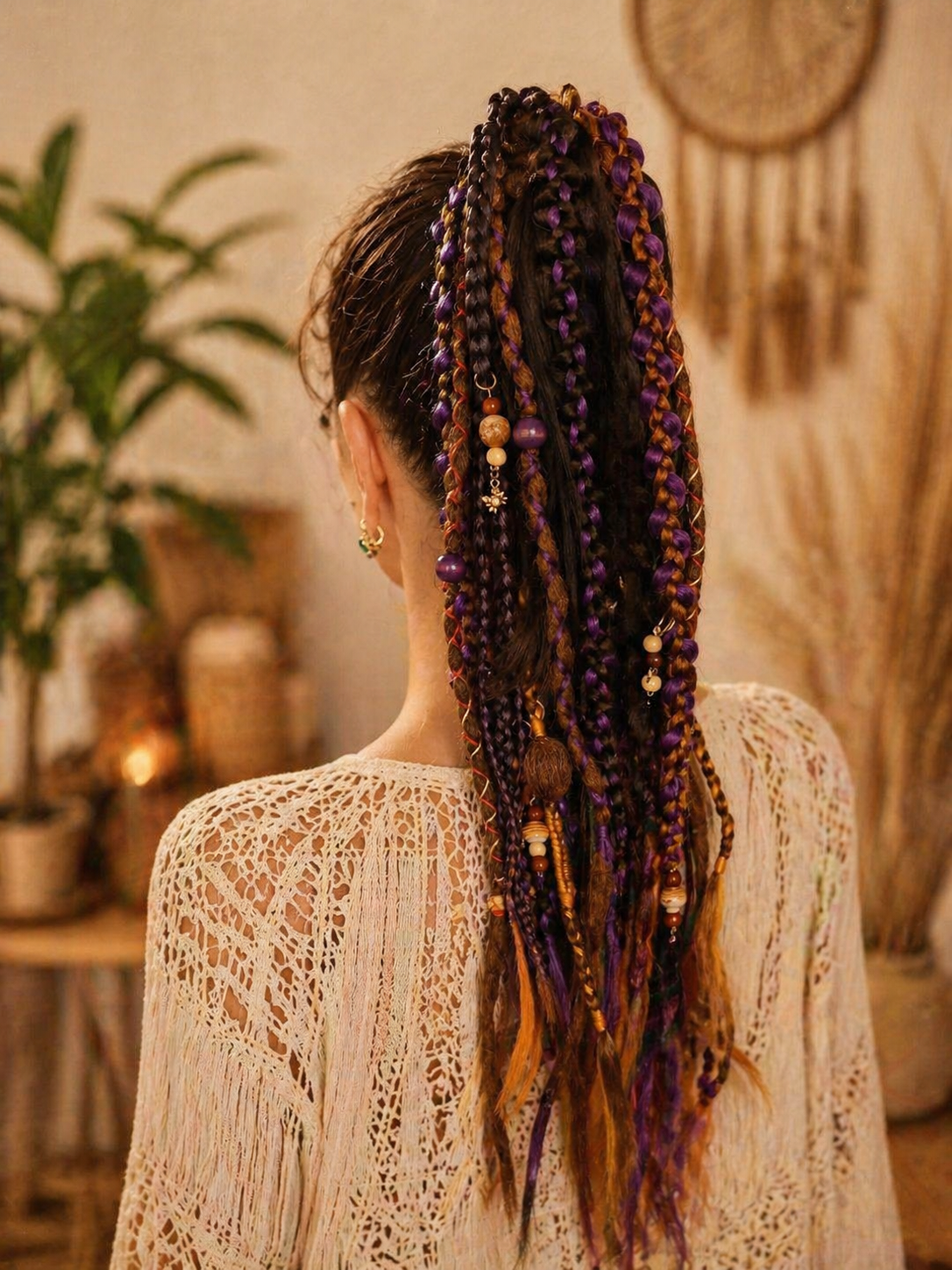 Violetter, orangefarbener, brauner unechter Dread-Pferdeschwanz – Hexen-Halloween-Dread-Bun-Verlängerung