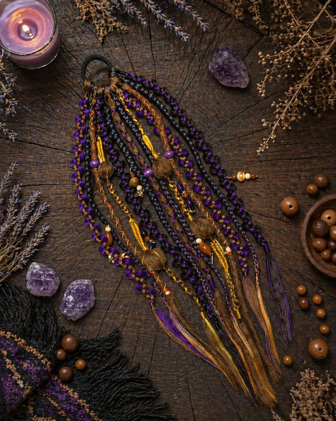 Violetter, orangefarbener, brauner unechter Dread-Pferdeschwanz – Hexen-Halloween-Dread-Bun-Verlängerung