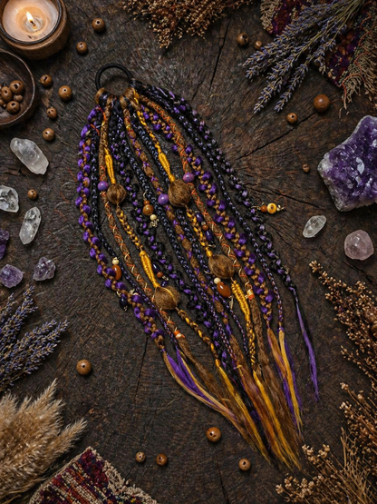 Violetter, orangefarbener, brauner unechter Dread-Pferdeschwanz – Hexen-Halloween-Dread-Bun-Verlängerung