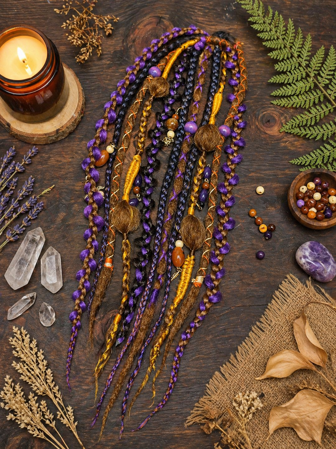Violetter, orangefarbener, brauner unechter Dread-Pferdeschwanz – Hexen-Halloween-Dread-Bun-Verlängerung