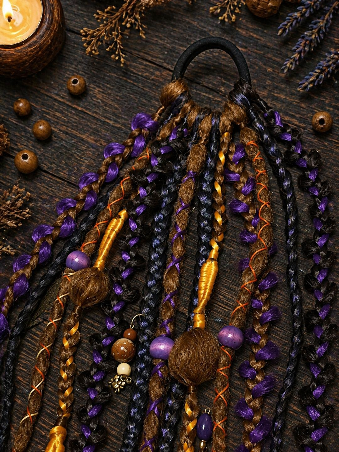 Violetter, orangefarbener, brauner unechter Dread-Pferdeschwanz – Hexen-Halloween-Dread-Bun-Verlängerung