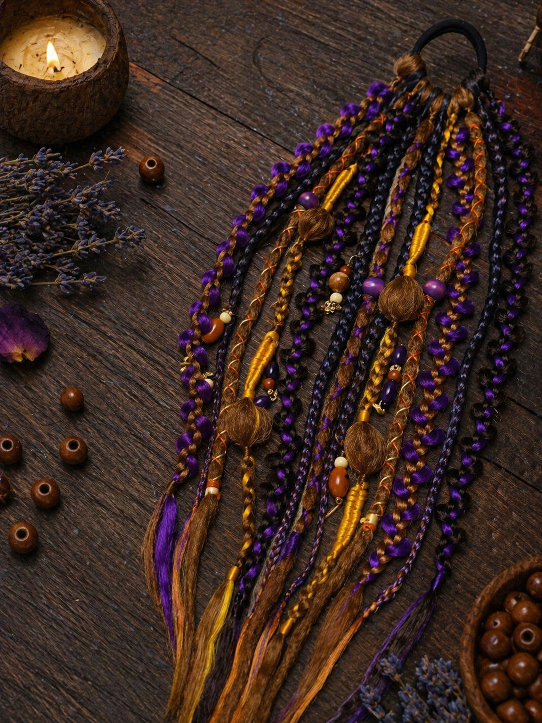 Violetter, orangefarbener, brauner unechter Dread-Pferdeschwanz – Hexen-Halloween-Dread-Bun-Verlängerung