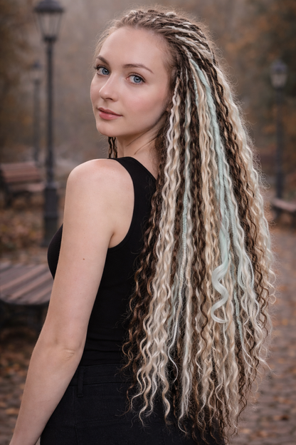 White Teal Hidden Base Curly Hair Extensions Set