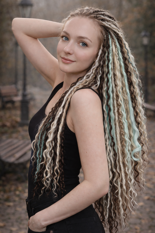 White Teal Hidden Base Curly Hair Extensions Set