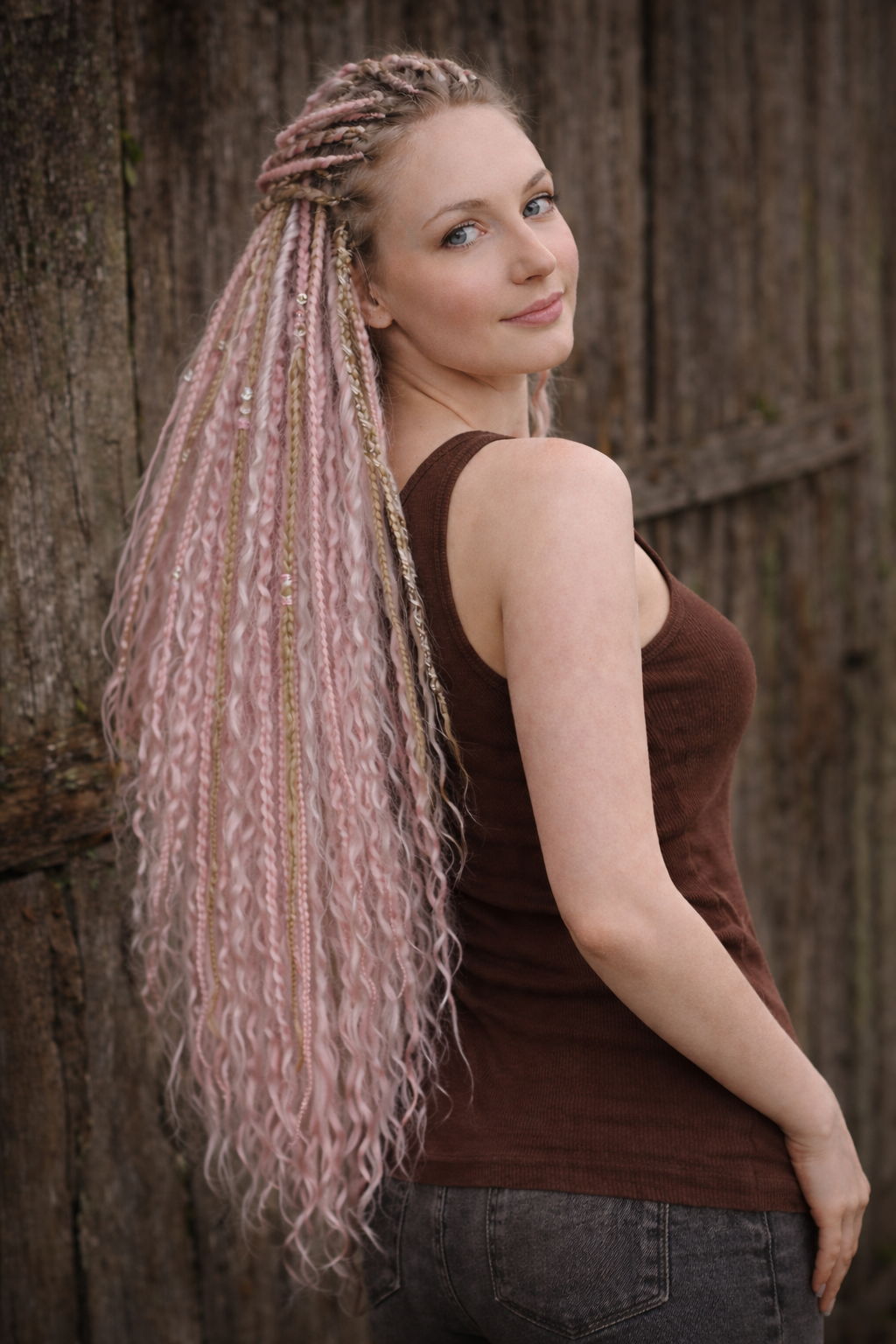 Pink White Hidden Base Visible Length Curly Hair Extensions