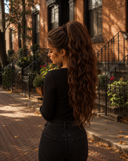 Forest Fake Dread Ponytail – Braun Grüne Dreadlock-Haarverlängerung an einem Gummiband