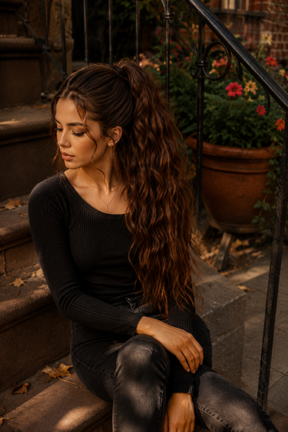 Forest Fake Dread Ponytail – Braun Grüne Dreadlock-Haarverlängerung an einem Gummiband