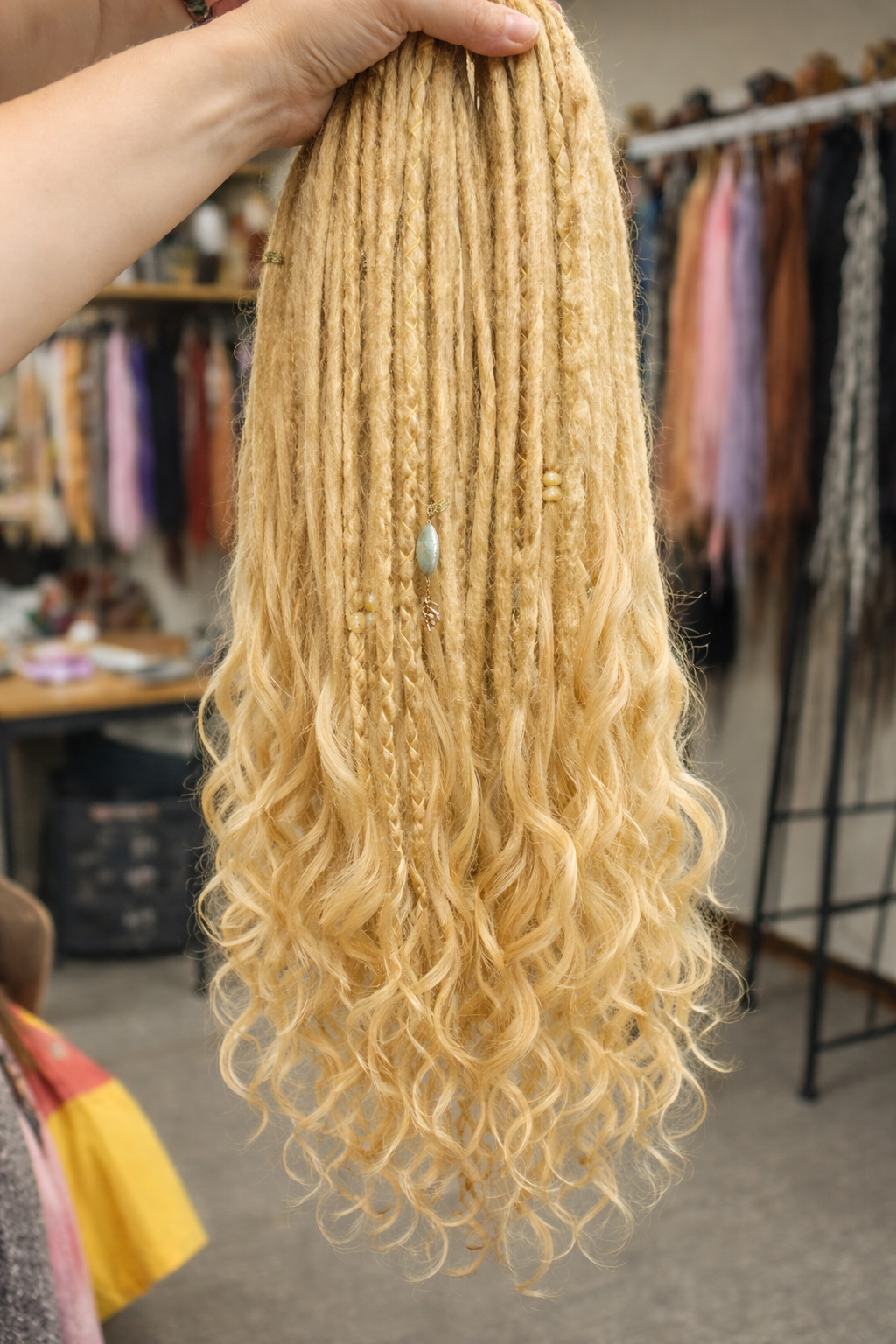 Blonde Dreadlock Extensions with Curls – Boho Synthetic Dreads, Soft & Lightweight