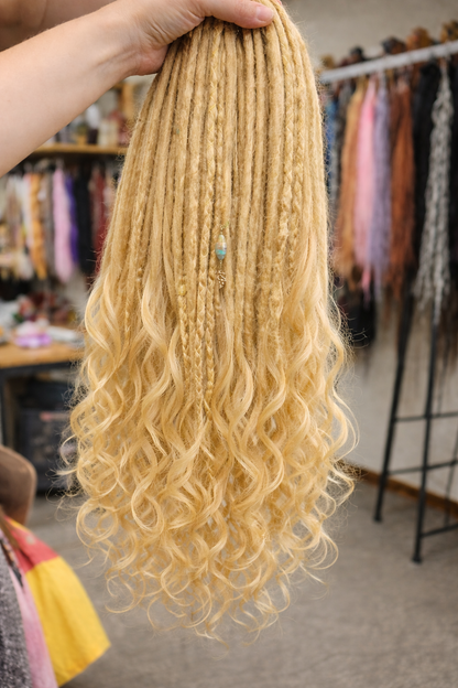 Blonde Dreadlock Extensions with Curls – Boho Synthetic Dreads, Soft & Lightweight
