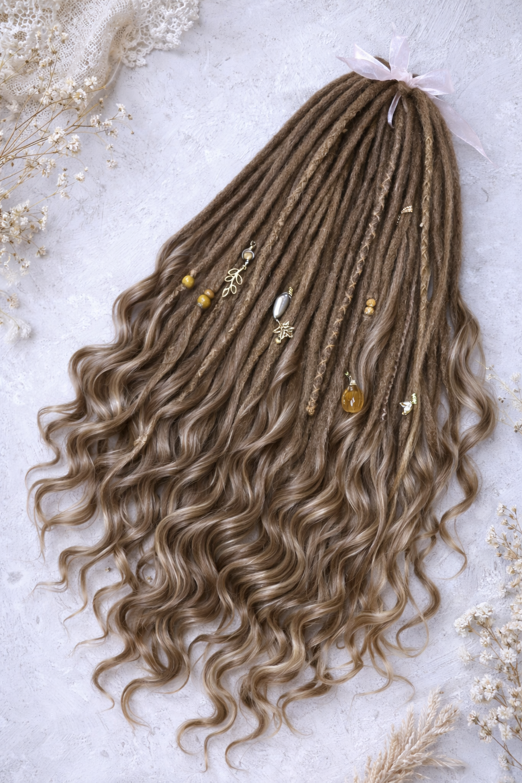 Light Brown Boho Dreadlock Extensions with Brushable Curls