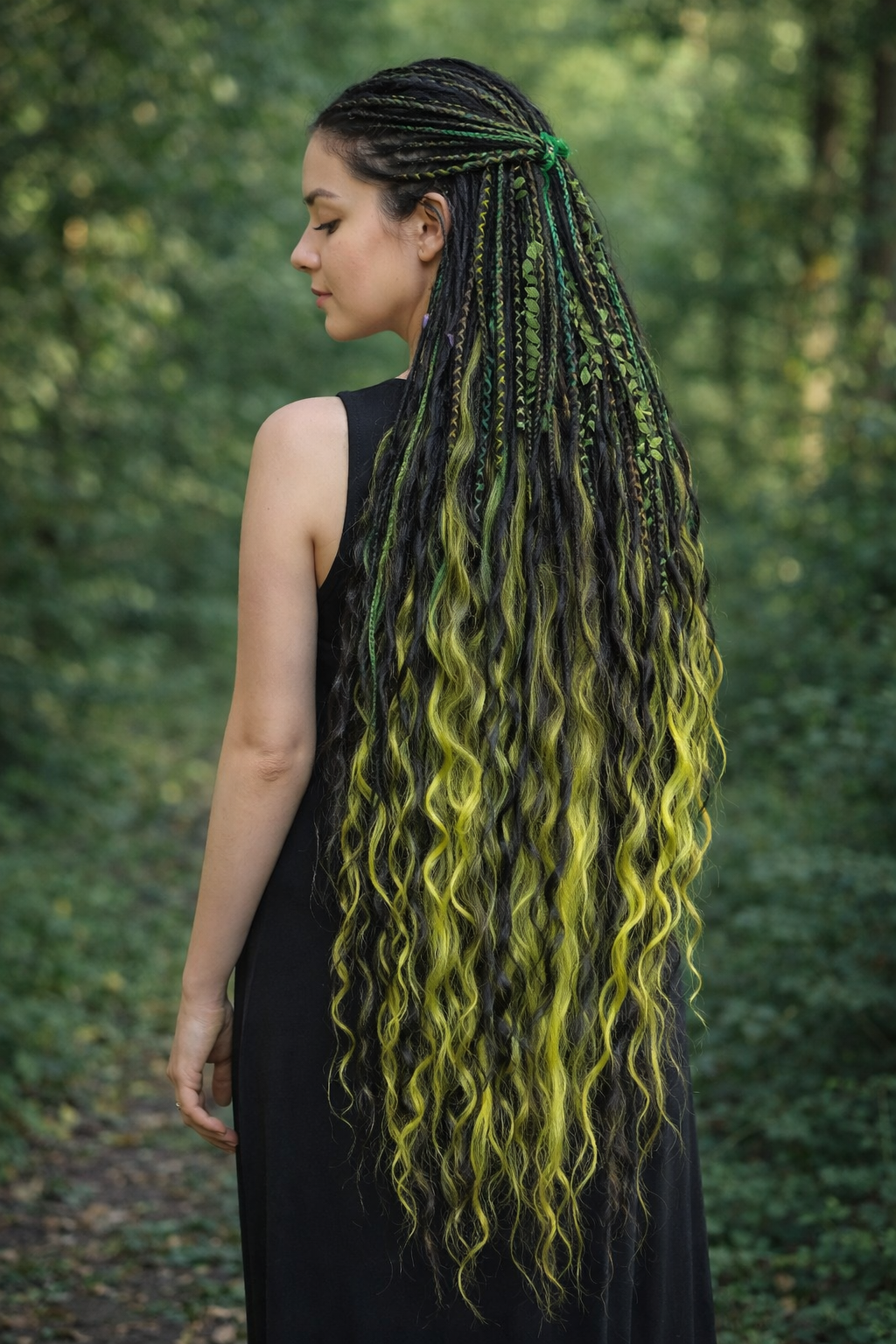 Extra lange schwarze grüne Dreadlock Extensions mit Locken – Boho Synthetische Dreads