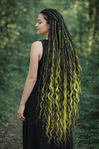 Extra lange schwarze grüne Dreadlock Extensions mit Locken – Boho Synthetische Dreads