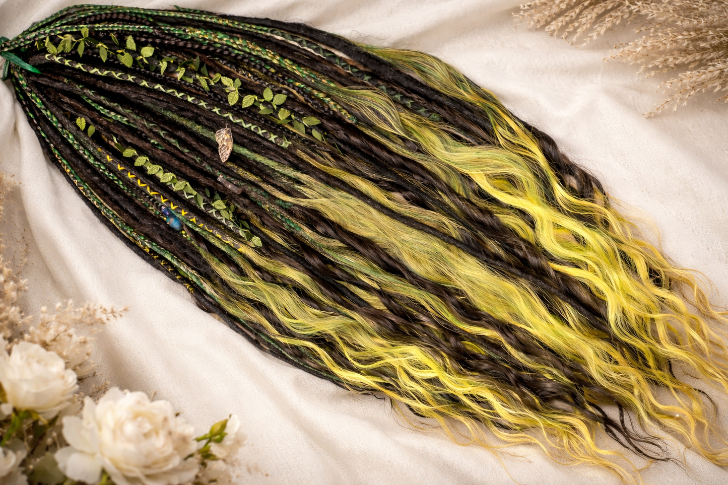 Extra lange schwarze grüne Dreadlock Extensions mit Locken – Boho Synthetische Dreads