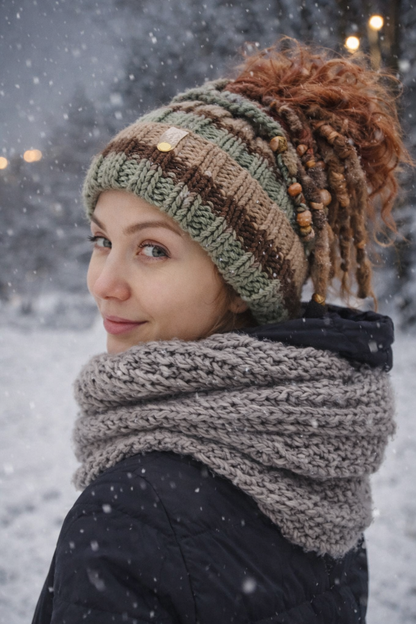 Green Dreadlock Beanie – Boho Hat for Dreads, Cozy Winter Headwear