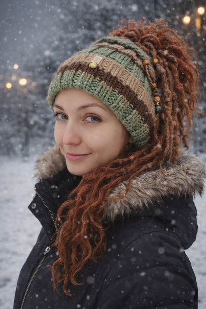 Green Dreadlock Beanie – Boho Hat for Dreads, Cozy Winter Headwear
