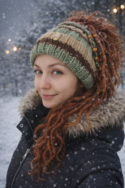 Green Dreadlock Beanie – Boho Hat for Dreads, Cozy Winter Headwear