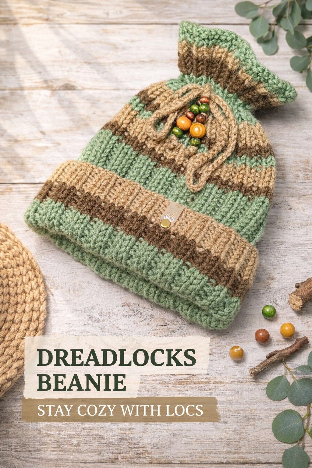 Green Dreadlock Beanie – Boho Hat for Dreads, Cozy Winter Headwear