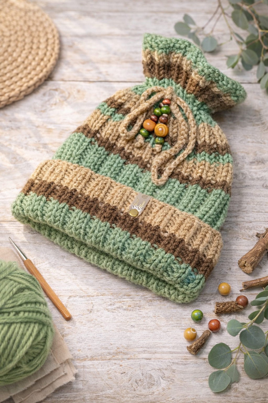 Green Dreadlock Beanie – Boho Hat for Dreads, Cozy Winter Headwear