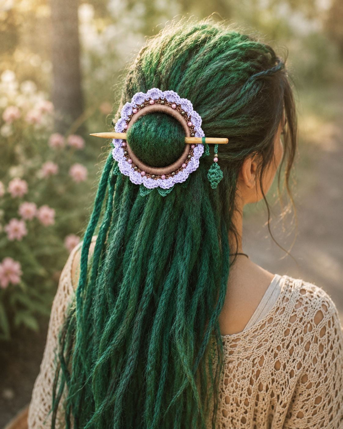 Lavender Crochet Hair Cuff with Wooden Stick 