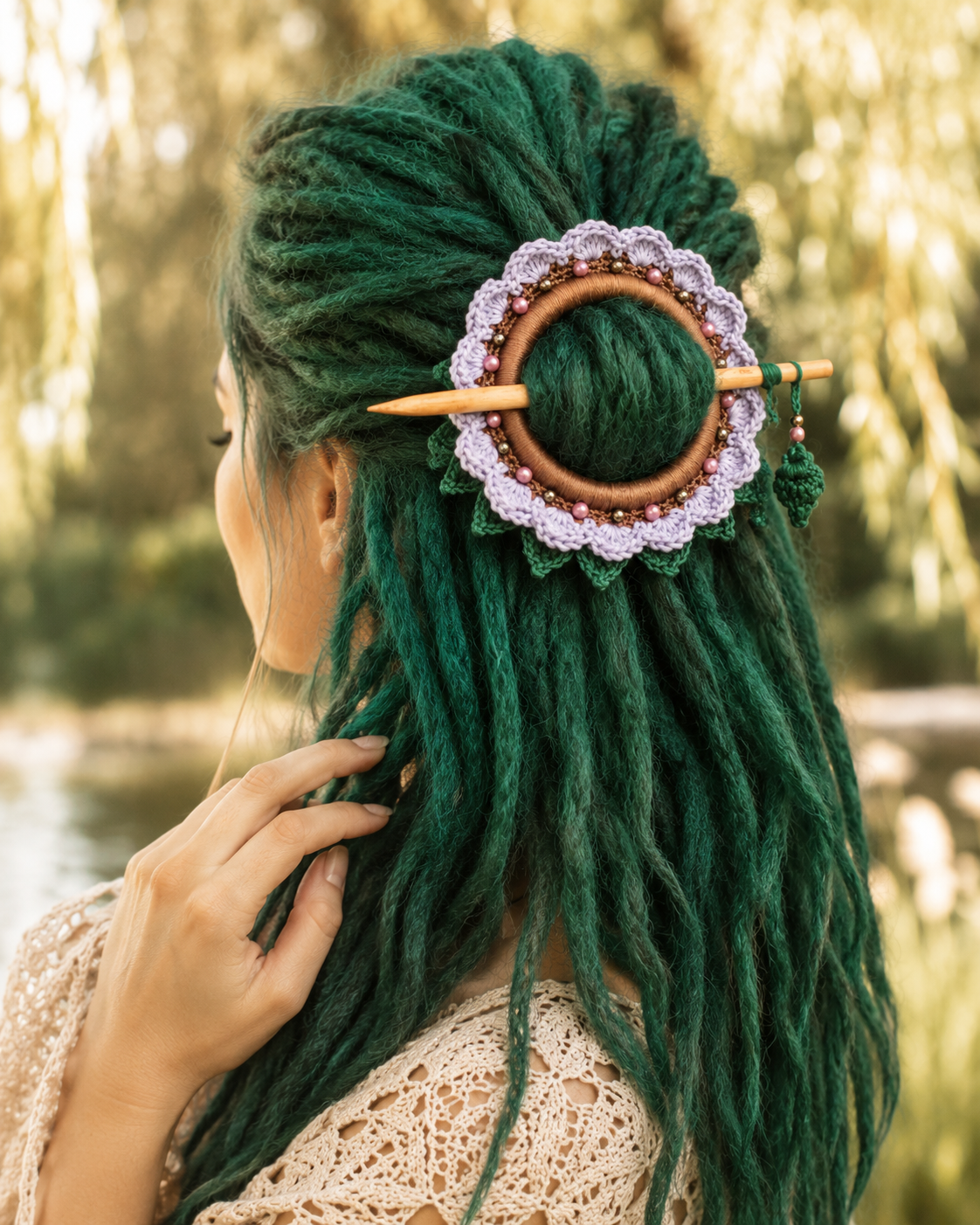 Lavender Crochet Hair Cuff with Wooden Stick 
