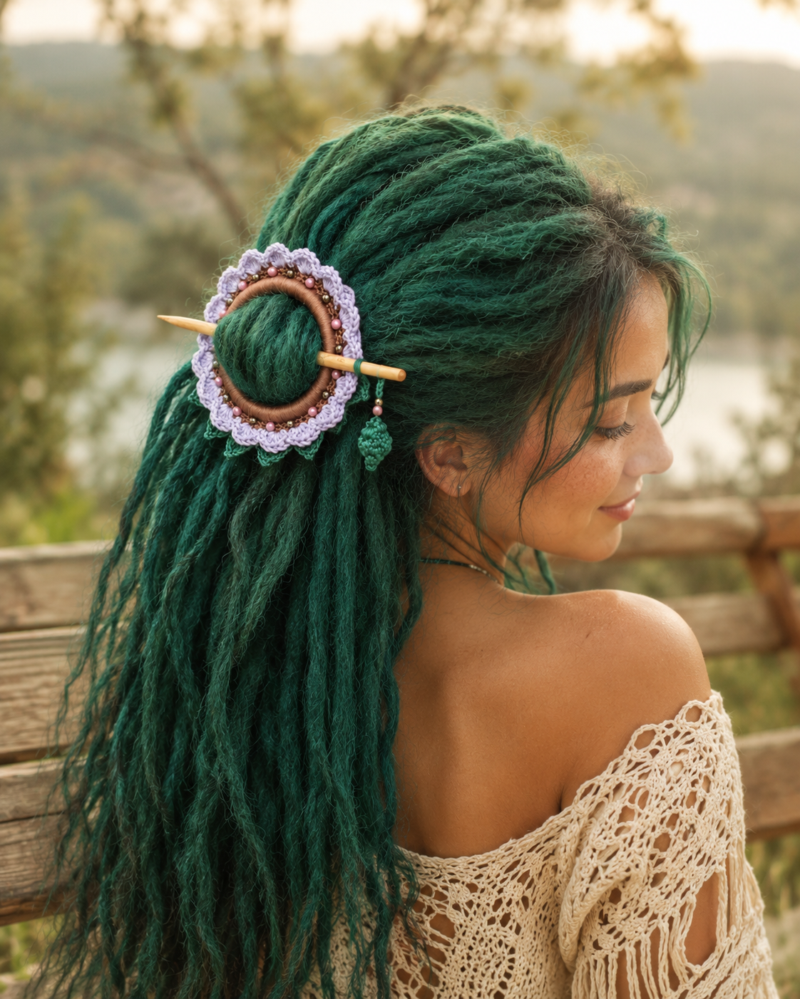 Lavender Crochet Hair Cuff with Wooden Stick 