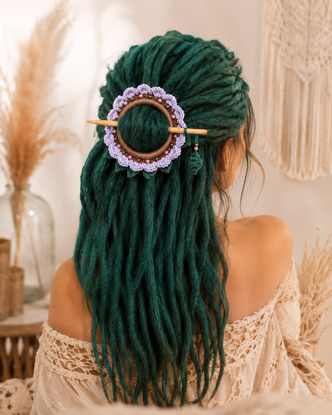 Lavender Crochet Hair Cuff with Wooden Stick 