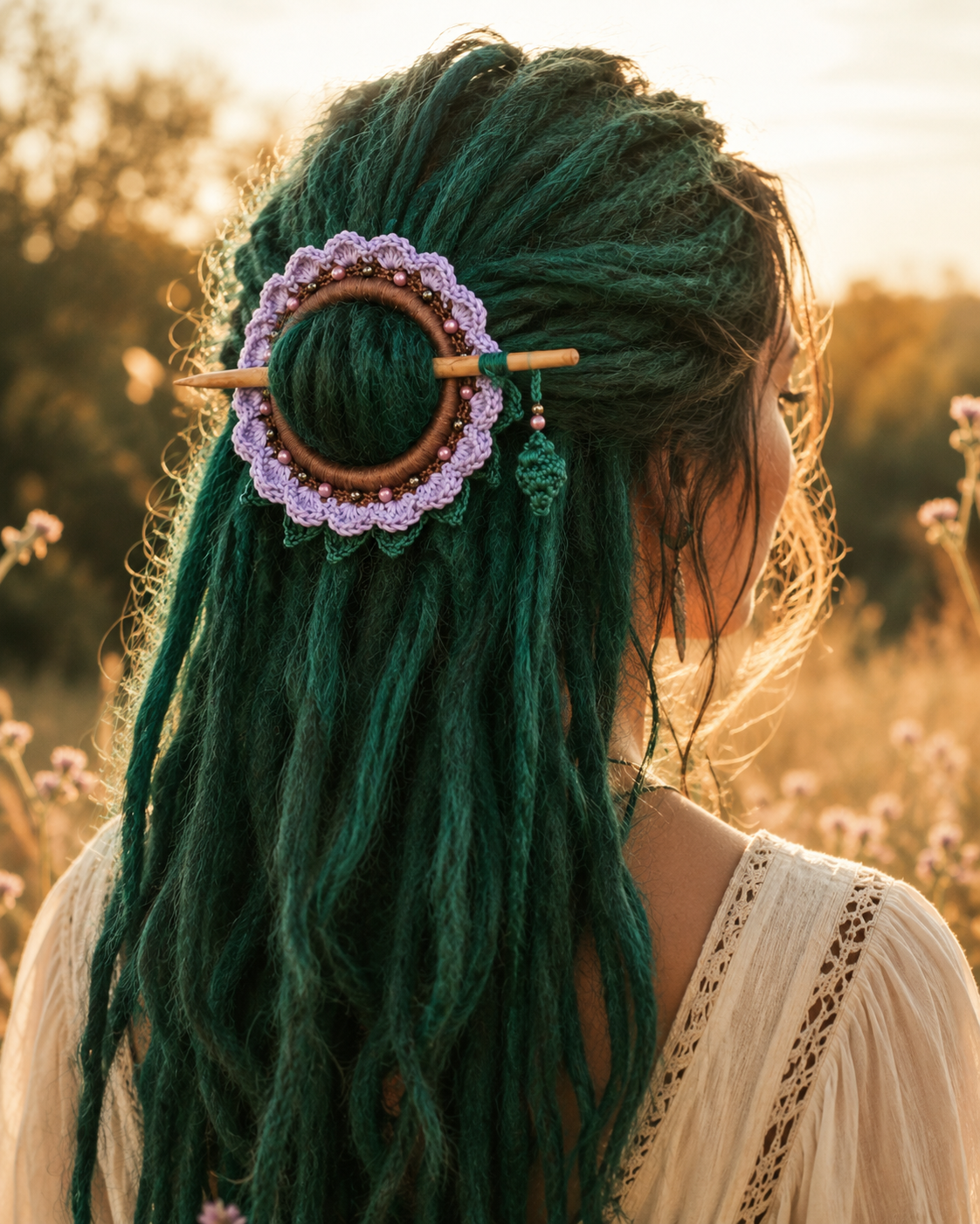 Lavender Crochet Hair Cuff with Wooden Stick 