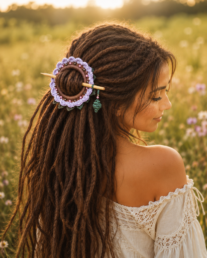 Lavender Crochet Hair Cuff with Wooden Stick 