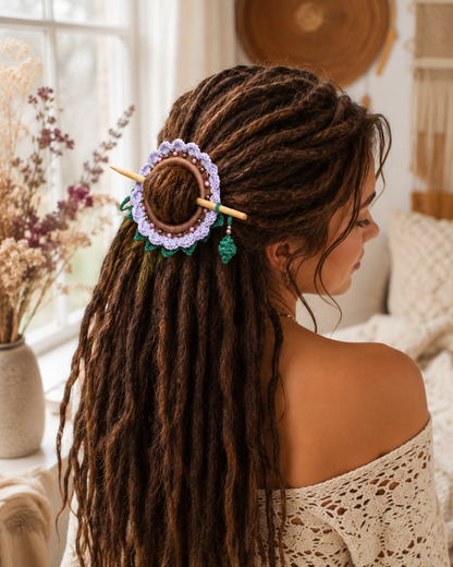 Lavender Crochet Hair Cuff with Wooden Stick 