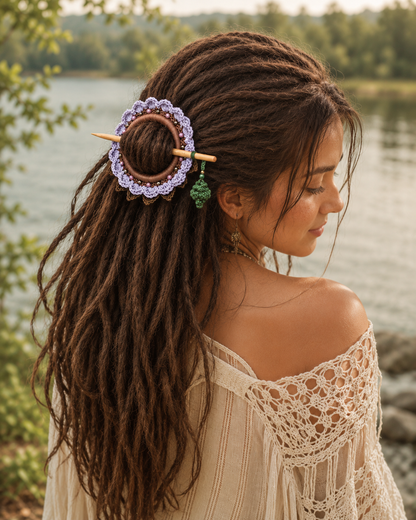 Lavender Crochet Hair Cuff with Wooden Stick 