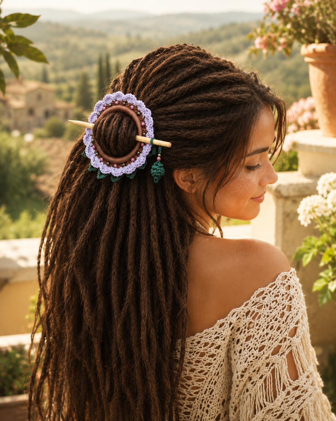 Lavender Crochet Hair Cuff with Wooden Stick 