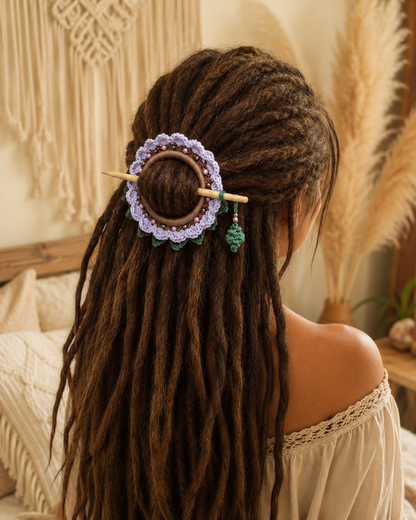 Lavender Crochet Hair Cuff with Wooden Stick 