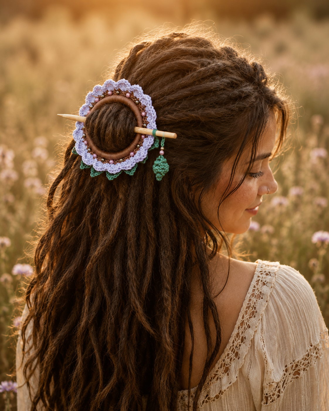 Lavender Crochet Hair Cuff with Wooden Stick 
