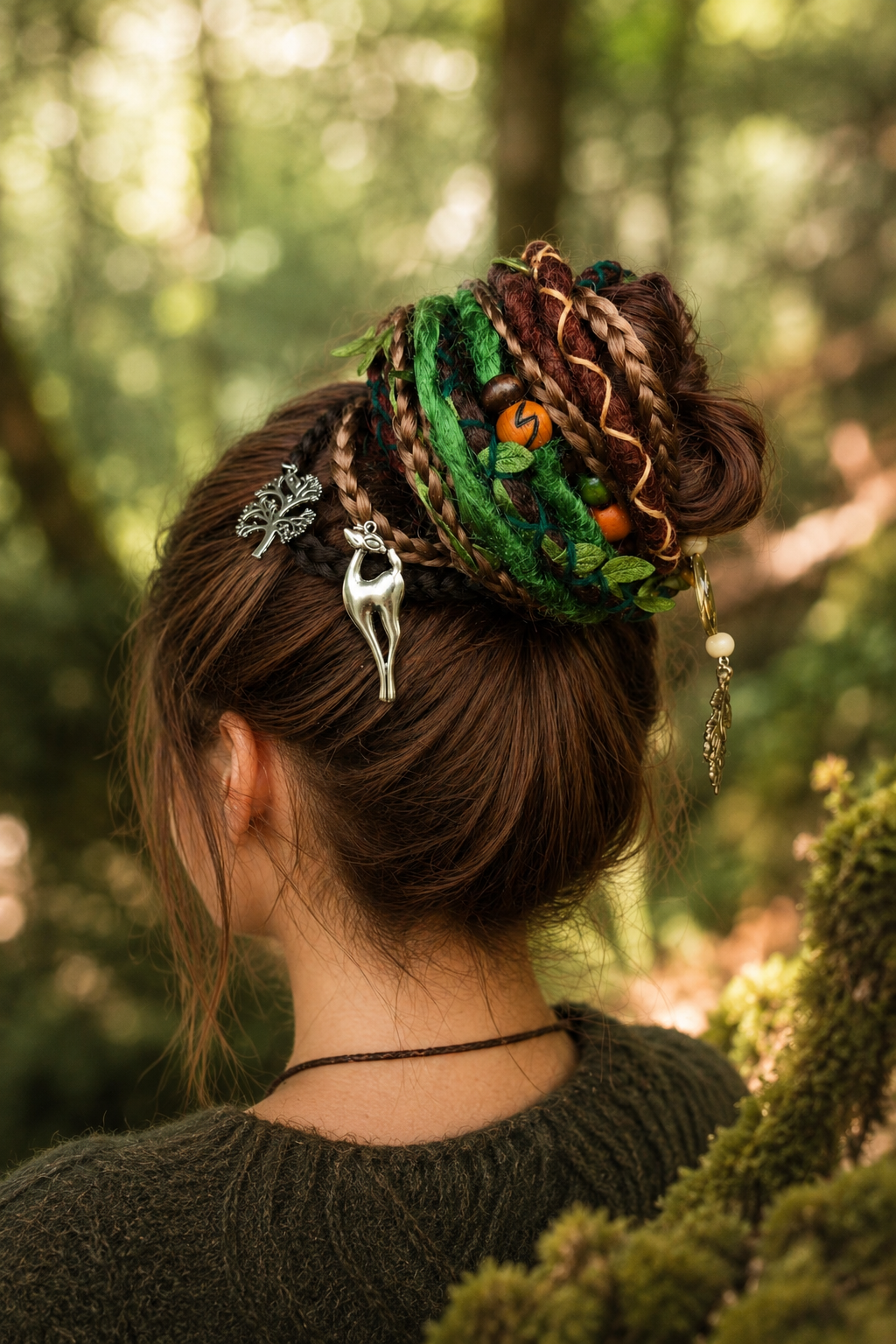 Forest Fake Dread Ponytail – Brown Green Dreadlock Extension on Elastic Band
