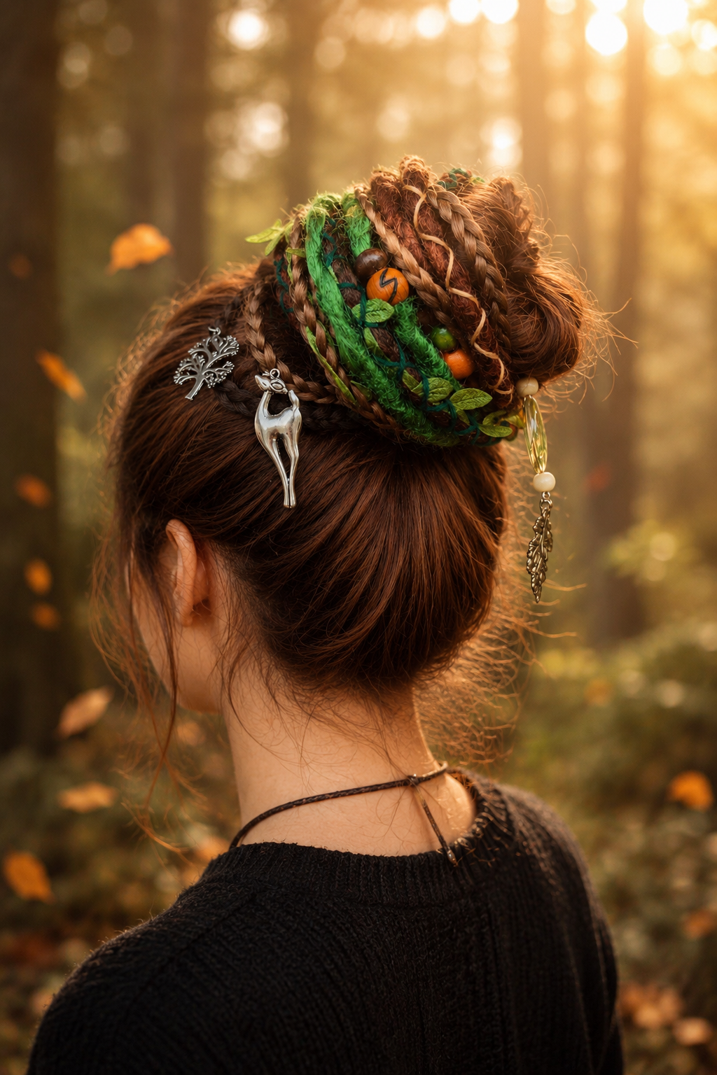 Forest Fake Dread Ponytail – Brown Green Dreadlock Extension on Elastic Band