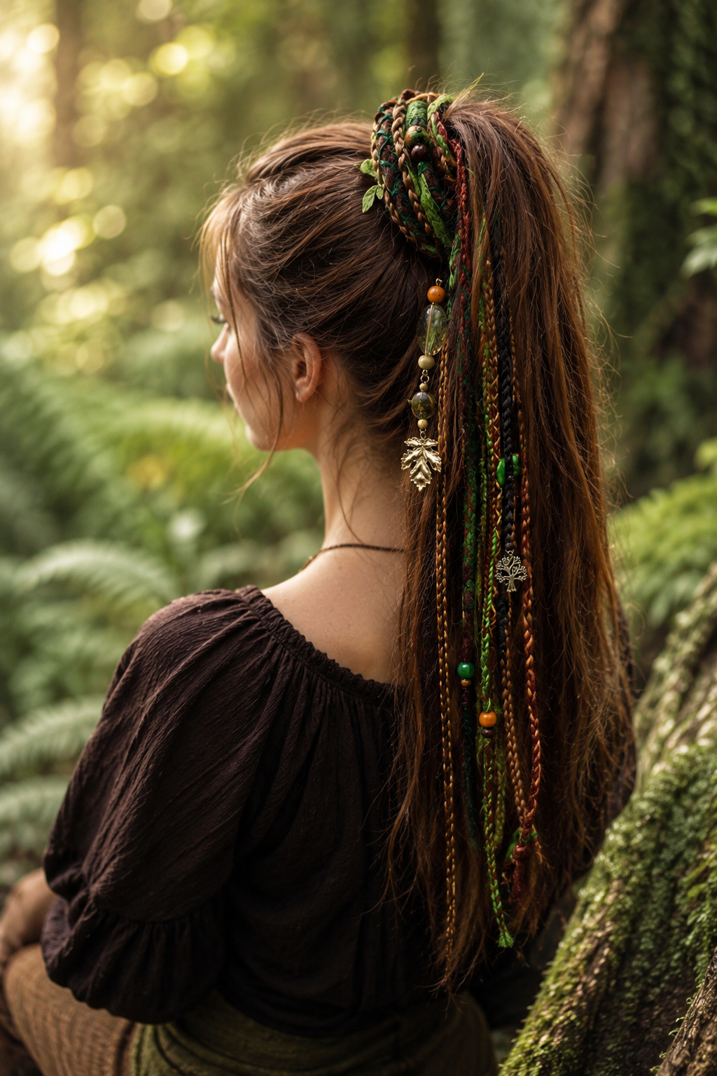 Forest Fake Dread Ponytail – Brown Green Dreadlock Extension on Elastic Band