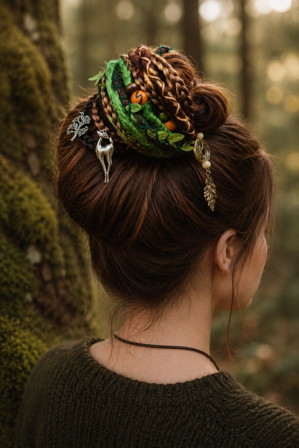 Forest Fake Dread Ponytail – Brown Green Dreadlock Extension on Elastic Band