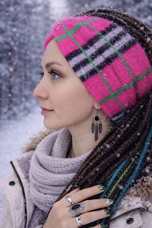 Pink Angora Ear Warmer Headband – Handmade Plaid Knit Winter Headband
