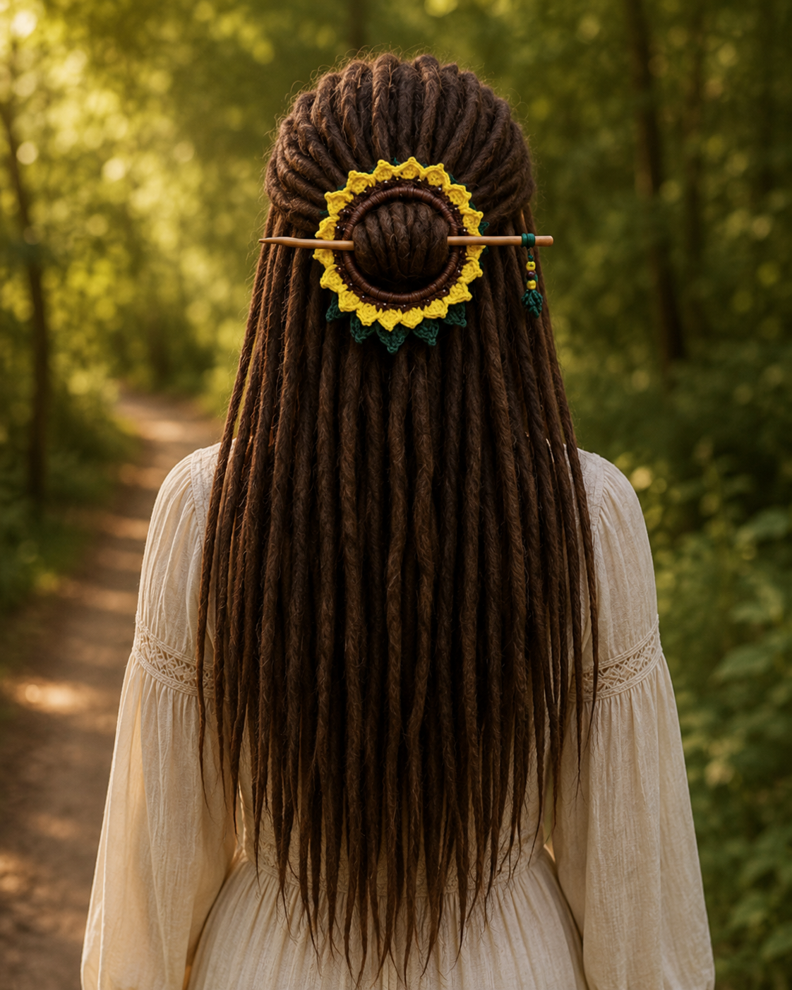 Sunflower Crochet Hair Cuff with Wooden Stick