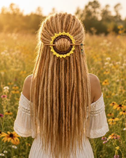 Sunflower Crochet Hair Cuff with Wooden Stick