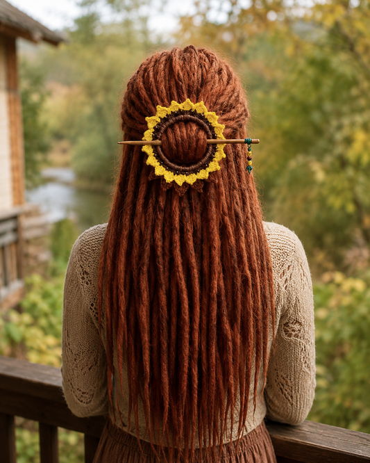 Sunflower Crochet Hair Cuff with Wooden Stick