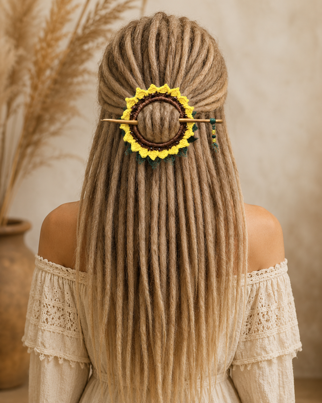 Sunflower Crochet Hair Cuff with Wooden Stick
