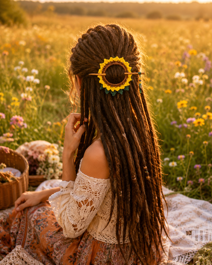 Sunflower Crochet Hair Cuff with Wooden Stick