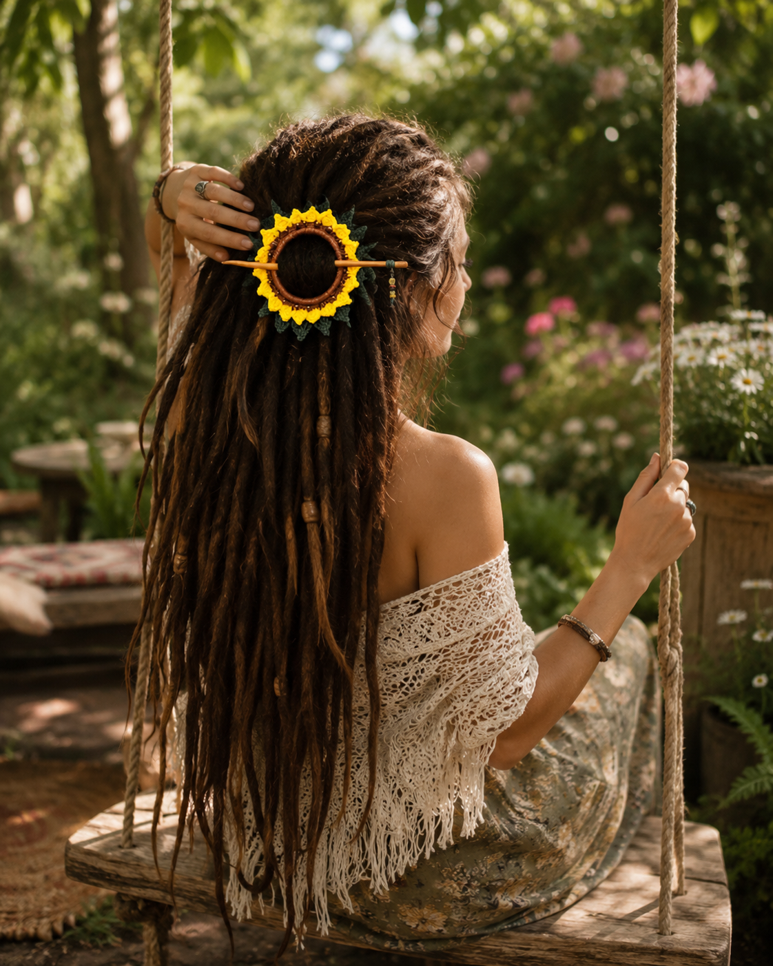 Sunflower Crochet Hair Cuff with Wooden Stick