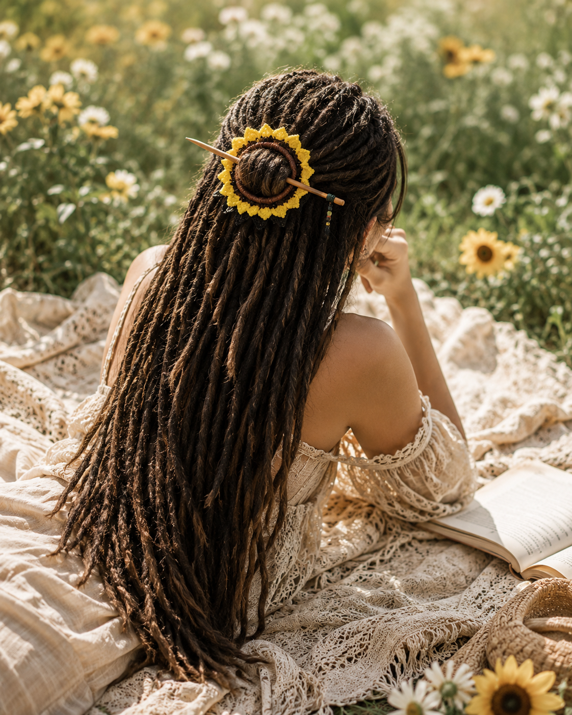 Sunflower Crochet Hair Cuff with Wooden Stick
