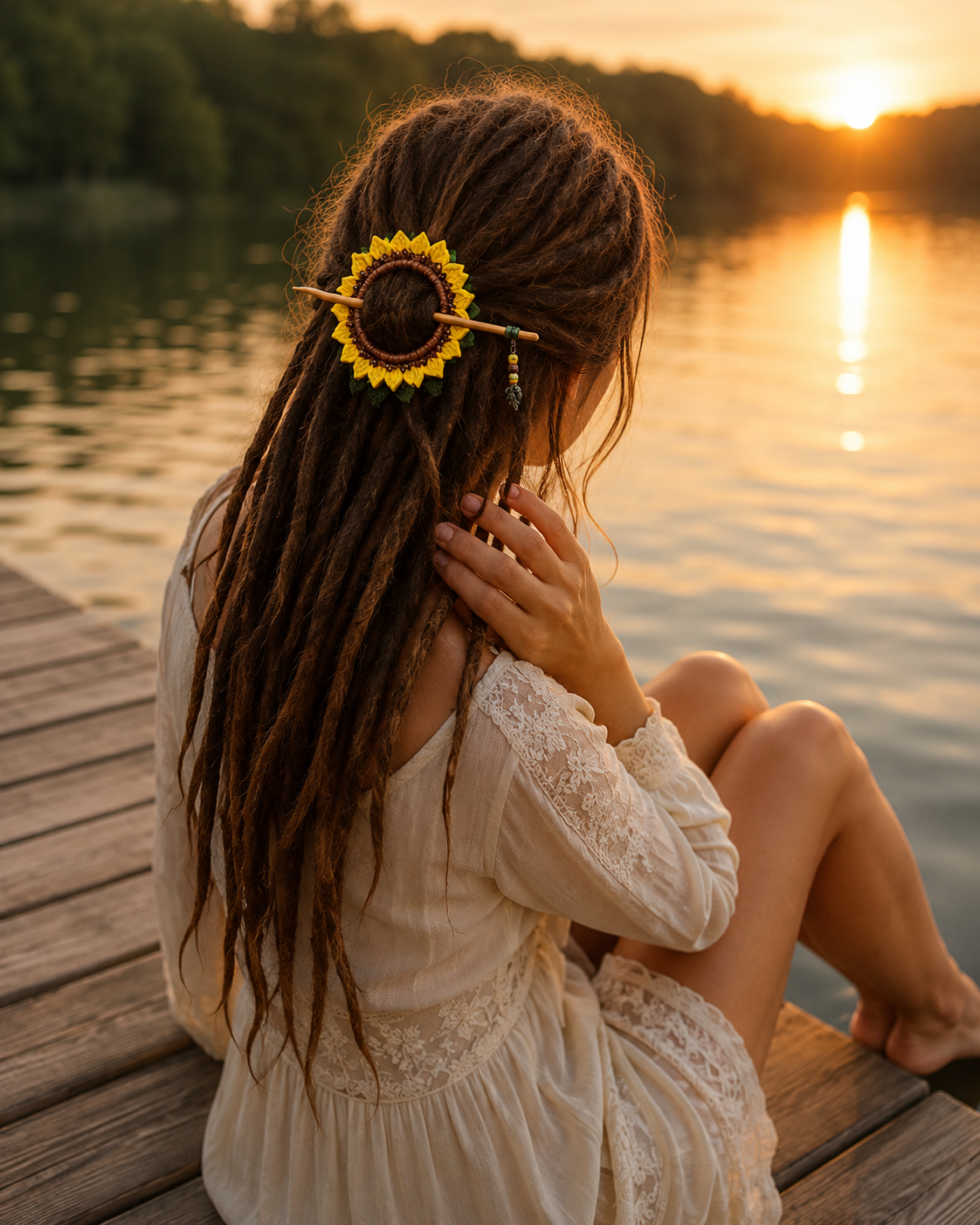 Sunflower Crochet Hair Cuff with Wooden Stick