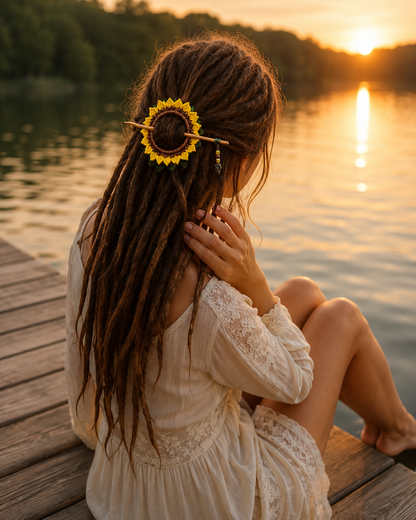 Sunflower Crochet Hair Cuff with Wooden Stick