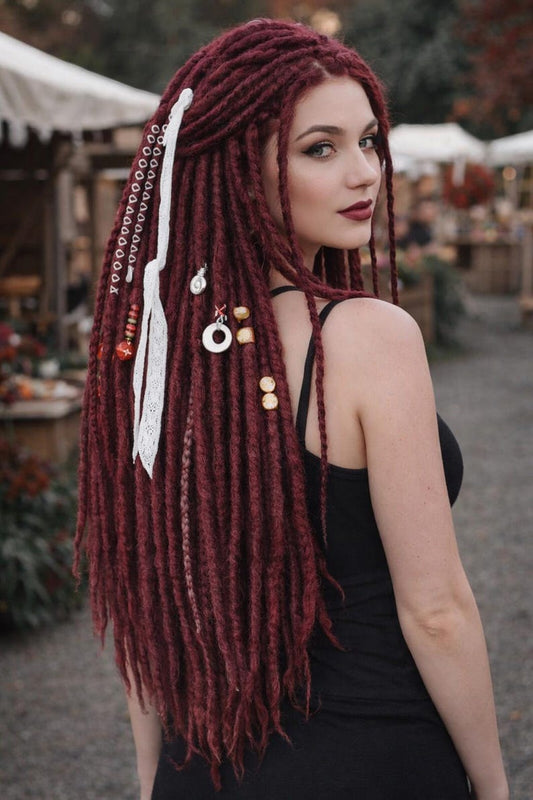 Burgundy Red Dreadlock Extensions – Boho Synthetic Dreads, Soft & Lightweight
