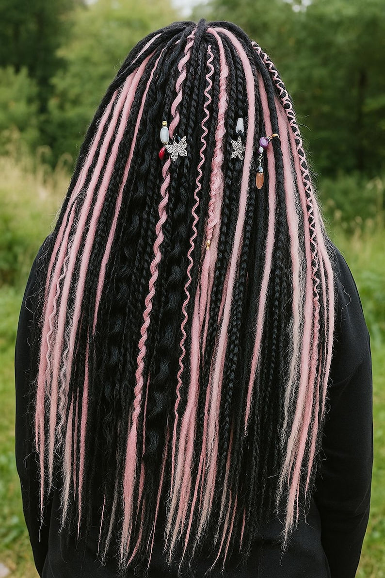 Black & Pink Hidden Base Visible Length Hair Extensions – Dark Romantic Curls with Subtle Dread Accents