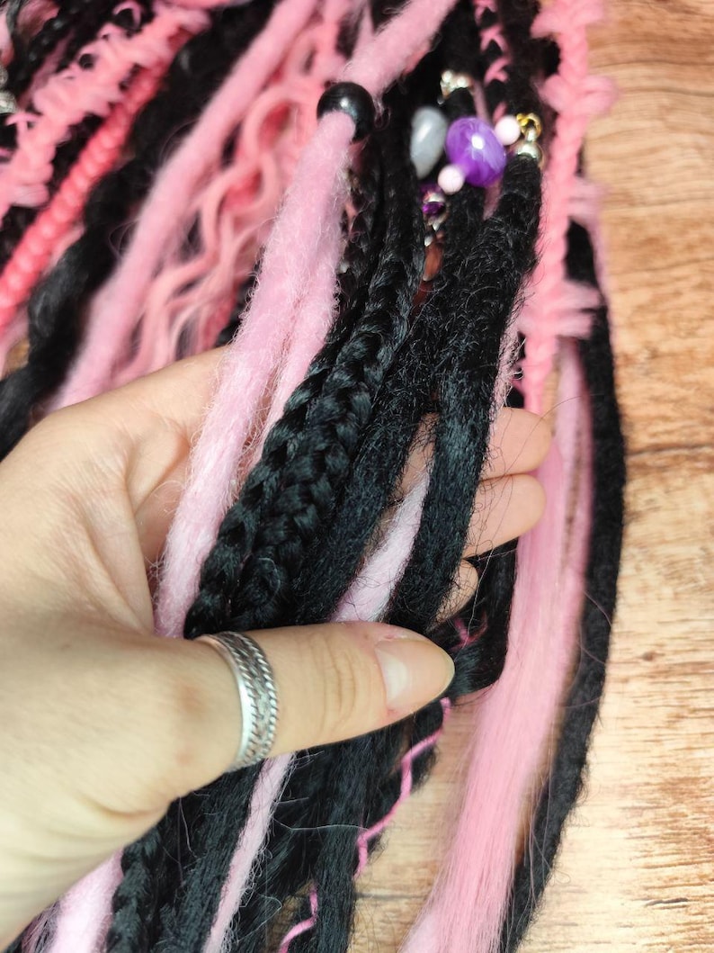 Black & Pink Hidden Base Visible Length Hair Extensions – Dark Romantic Curls with Subtle Dread Accents
